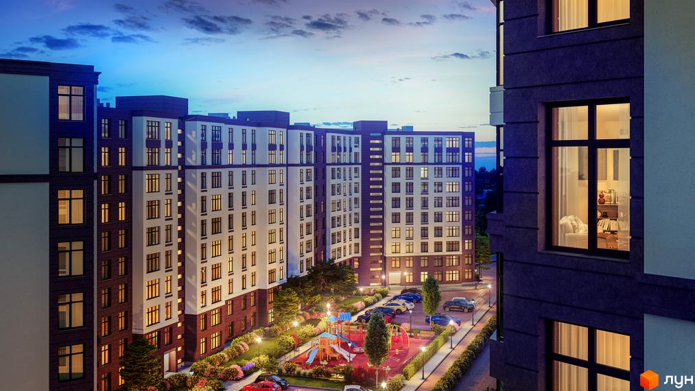 Житловий комплекс Пражский квартал 2 з фасадами в темних та світлих тонах. Прибудинкова територія з дитячим майданчиком, парковкою та освітленням.