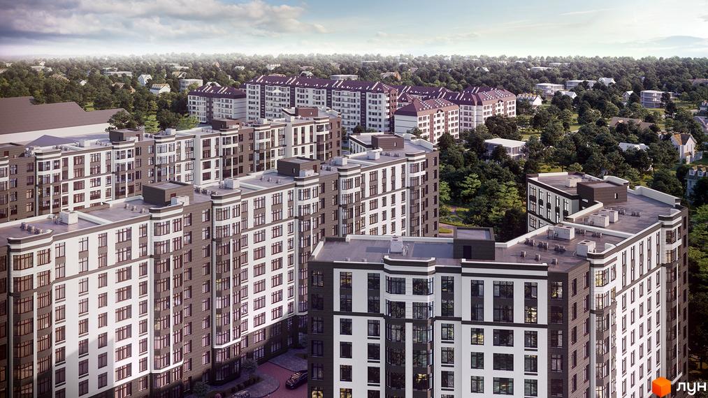 Зовнішній вигляд новобудови ЖК Празький квартал 2 з біло-сірими фасадами та численними вікнами. Навколо комплексу зелені дерева та частина прибудинкової території.