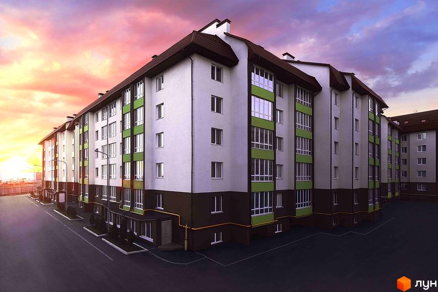 Зовнішній вигляд будинку житлового комплексу Львівський з зеленими акцентами. Прибудинкова територія з асфальтованою дорогою та озелененням.