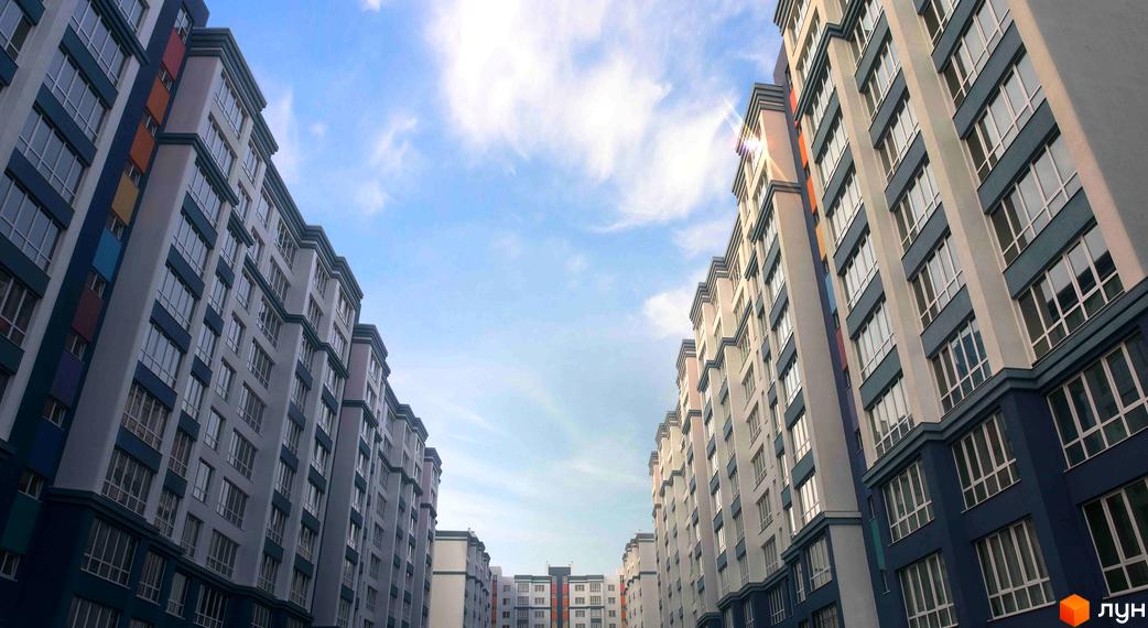 Житловий комплекс Львівський з сучасними багатоповерхівками та прибудинковою територією під відкритим небом.