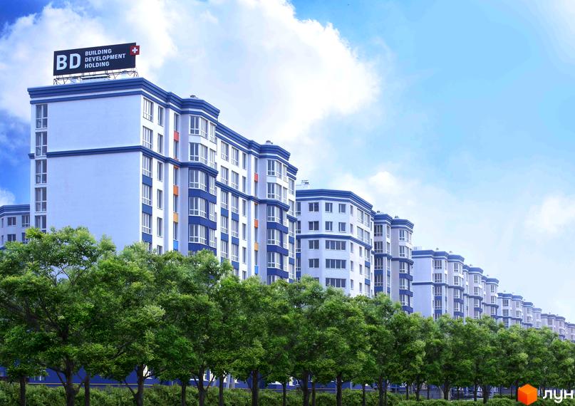 Житловий комплекс Львівський з сучасними будинками та зеленими насадженнями на прибудинковій території.