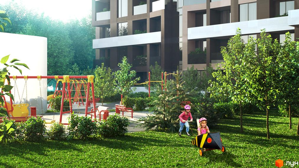 Житловий комплекс Avalon Garden з дитячим майданчиком та зеленими насадженнями. Сучасна архітектура будинку з великими вікнами.