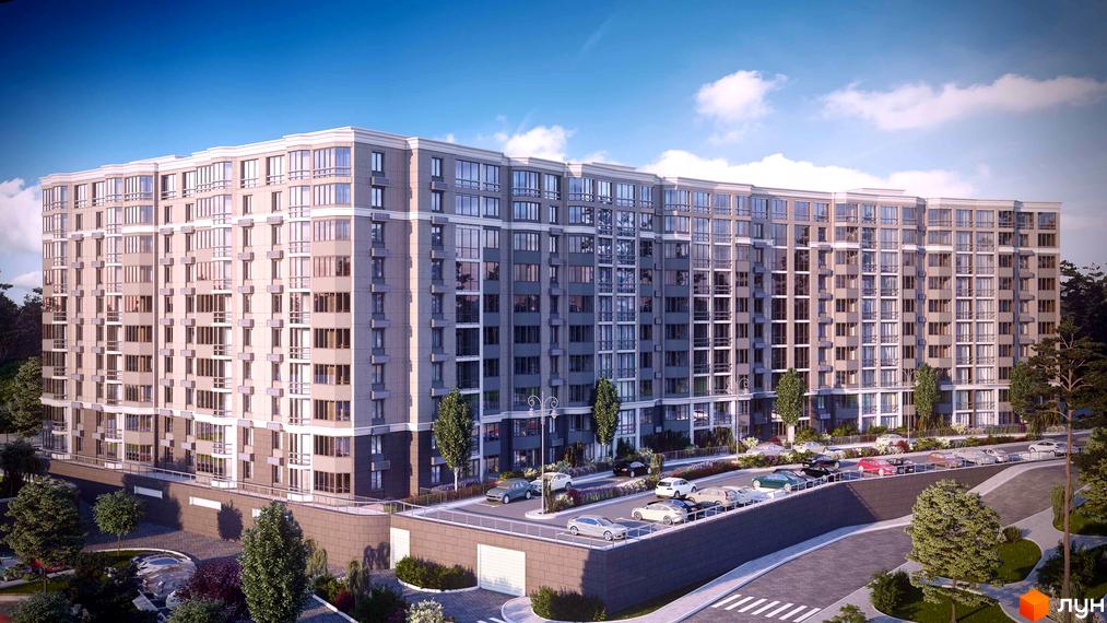 Багатоповерхова новобудова ЖК Echo Park з великою кількістю вікон та парковкою на території. Навколо будинку зелені насадження та дорога з автомобілями.
