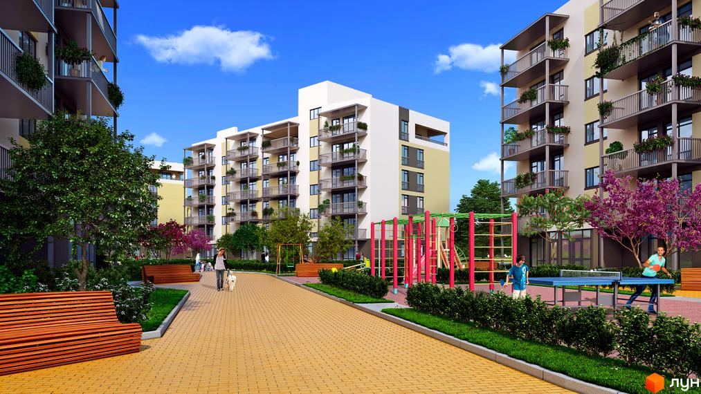 Житловий комплекс Ліпінка з сучасними будинками та прибудинковою територією, де розташовані дитячі майданчики та зелені насадження.