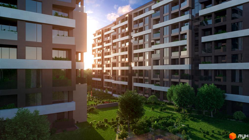 Житловий комплекс Avalon Garden з фасадами темного кольору та білими горизонтальними лініями. Зелена прибудинкова територія з газонами та деревами.