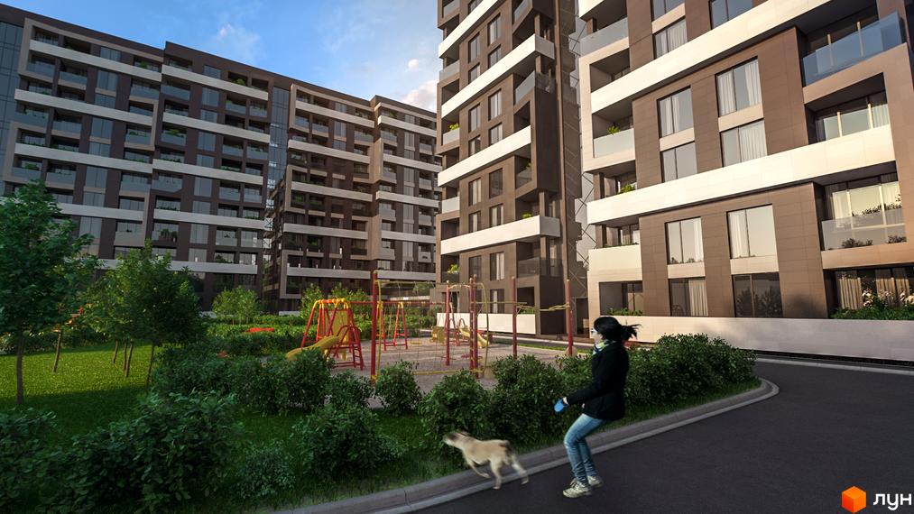 Житловий комплекс Avalon Garden з сучасними будинками та доглянутою прибудинковою територією з дитячим майданчиком.