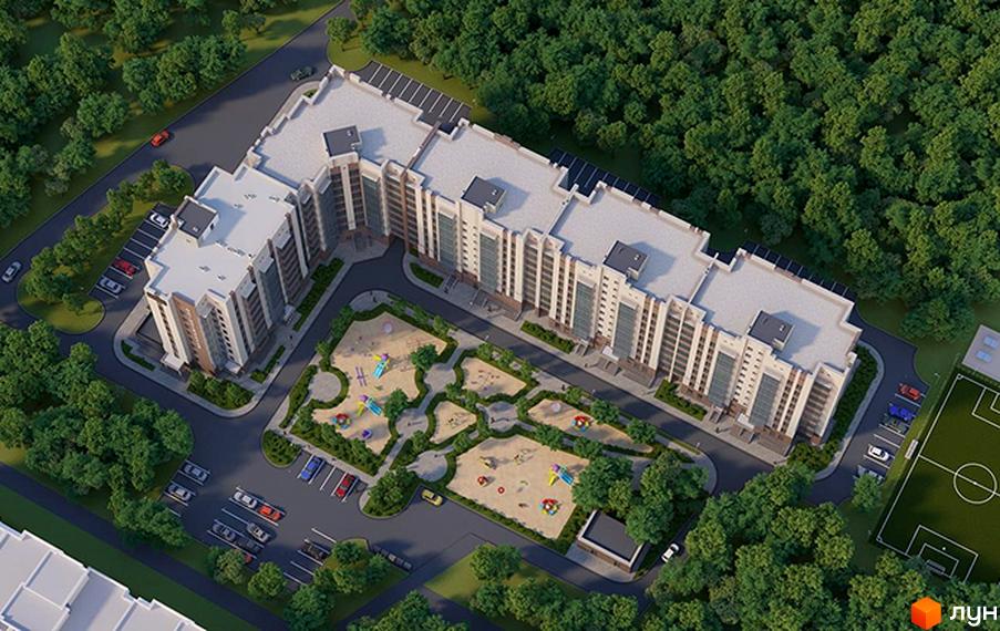 Житловий комплекс Олімпійський - сучасна архітектура та облаштована прибудинкова територія з дитячим майданчиком та парковкою.