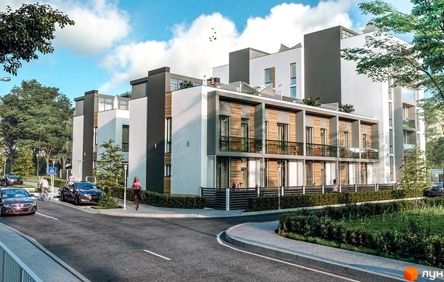 Клубний будинок Corner – це сучасна новобудова з елегантним фасадом та прибудинковою територією. На зображенні видно кілька секцій будинку з панорамними вікнами та балконами, а також зелену зону навколо.