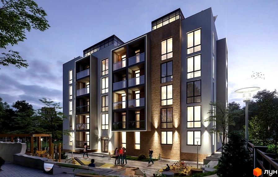 Клубний будинок Corner з цегляним фасадом та великими вікнами. На прибудинковій території облаштований дитячий майданчик.