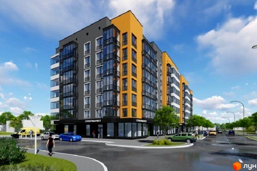 Зовнішній вигляд новобудови на вул. Залізнична, 40, з фасадами сірого та жовтого кольорів, великими вікнами та балконами. Навколо будинку облаштована прибудинкова територія з дорогою та зеленими насадженнями.