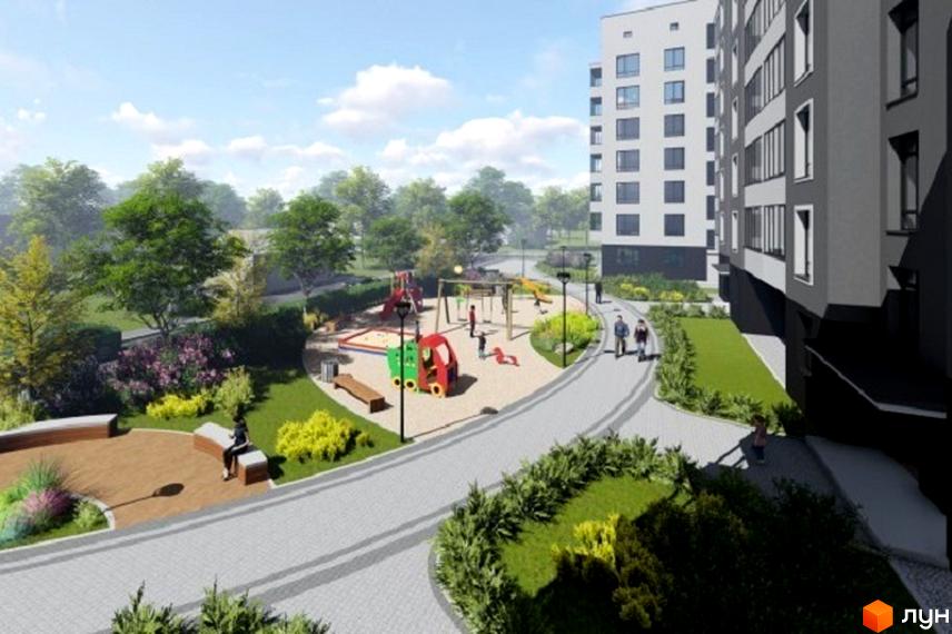 Новобудова на вулиці Залізнична, 40, з дитячим майданчиком та зонами відпочинку. Сучасний житловий комплекс з озелененою територією.