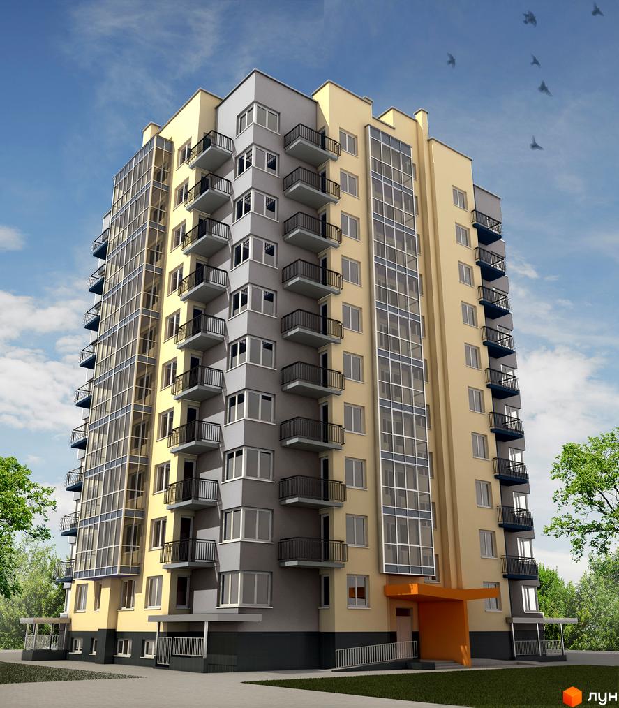 Висотна новобудова з балконами та панорамним склінням. Навколо будівлі зелені дерева та блакитне небо з хмарами.