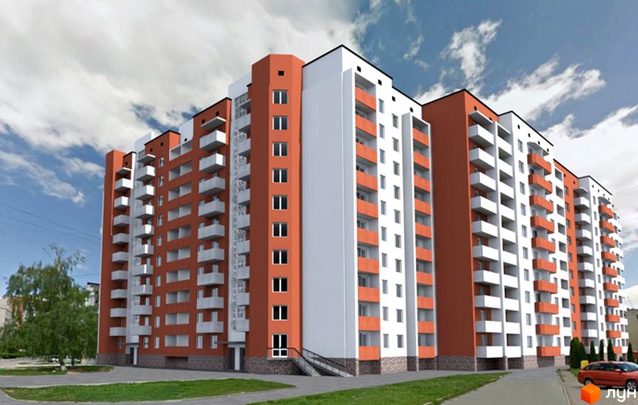 Багатоповерховий житловий комплекс на вулиці Галицькій, 29, з цегляно-червоними та білими фасадами, численними балконами та прибудинковою територією з деревами та дорогою.