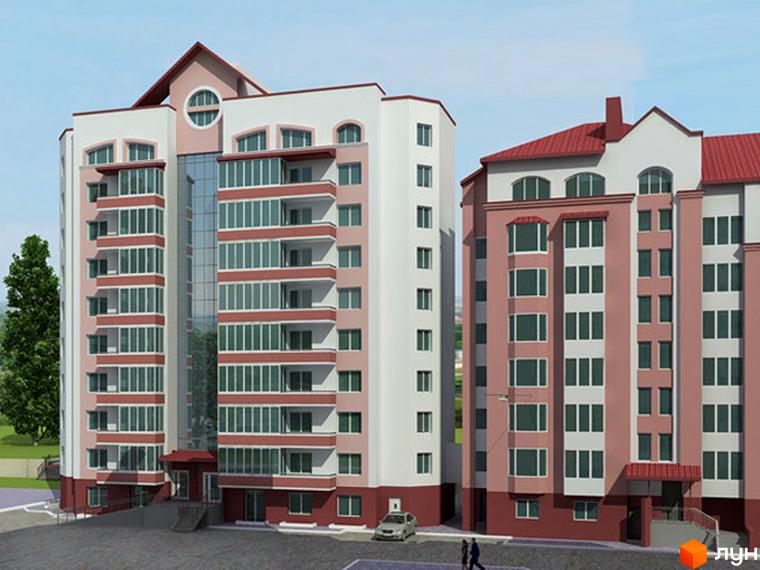 Зовнішній вигляд житлового комплексу на вулиці Наливайка. Багатоповерхові будинки з червоними дахами та великою кількістю вікон. Поруч зелені насадження та прибудинкова територія.