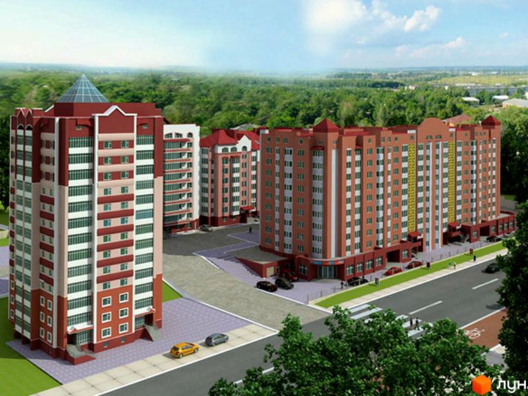 Зовнішній вигляд житлового комплексу на вул. Наливайка, з багатоповерховими будинками та прибудинковою територією з дорогою та деревами. Комплекс має цегляний фасад та багато вікон.