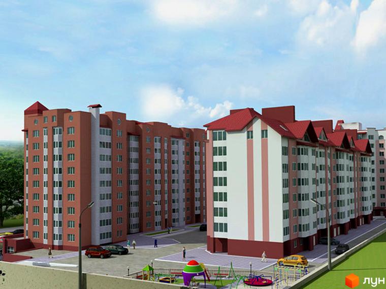 Зовнішній вигляд житлового комплексу на вул. Наливайка: багатоповерхові будинки з червоними дахами та світлими фасадами. На прибудинковій території розташовані дитячі майданчики та паркувальні місця.