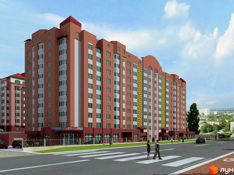 Зовнішній вигляд багатоповерхового житлового комплексу на вулиці Наливайка з червоним дахом та білими вікнами. На передньому плані дорога з пішохідним переходом та людьми.