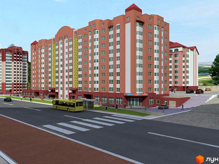 Новобудова на вул. Наливайка у Києві. Зовнішній вигляд будинку з фасадом з цегли та білими вставками, поруч дорога з автобусом та пішохідним переходом.