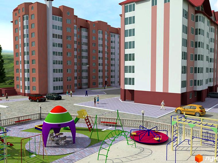 Зовнішній вигляд житлового комплексу на вул. Наливайка з цегляним фасадом та дитячим майданчиком. Комплекс має багатоповерхові будинки з балконами та сучасними вікнами.