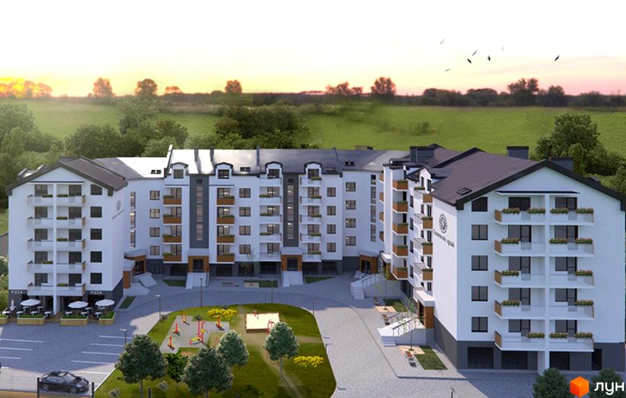 Житловий комплекс Сонячний край. Сучасна архітектура новобудови з балконами та вікнами, прибудинкова територія з дитячим майданчиком та зонами відпочинку.