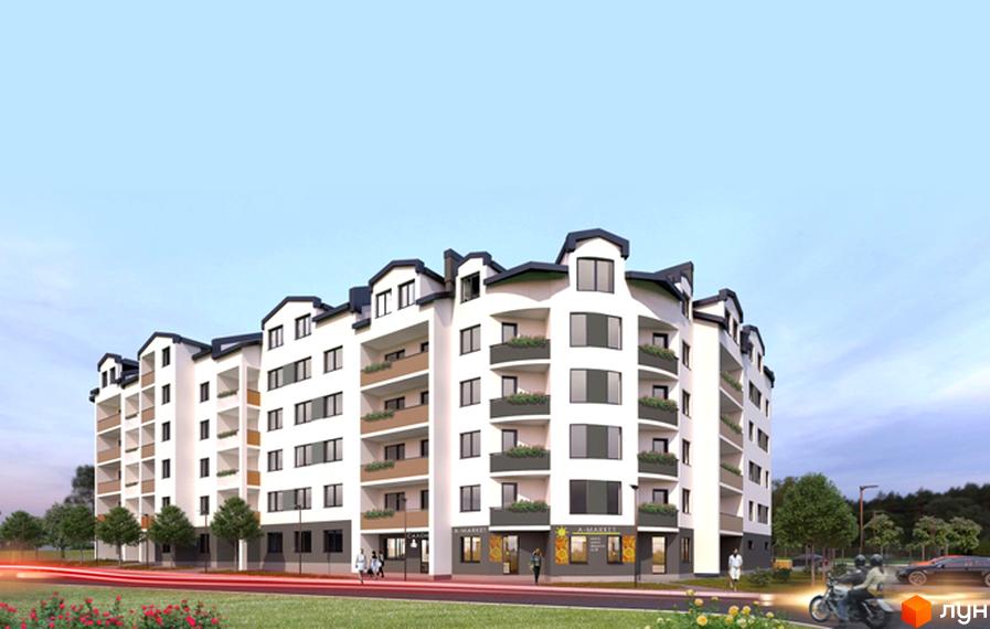 Новобудова ЖК Сонячний край з білою фасадною частиною, балконами та темним дахом. Навколо комплексу зелена зона та дорога з автомобілями.