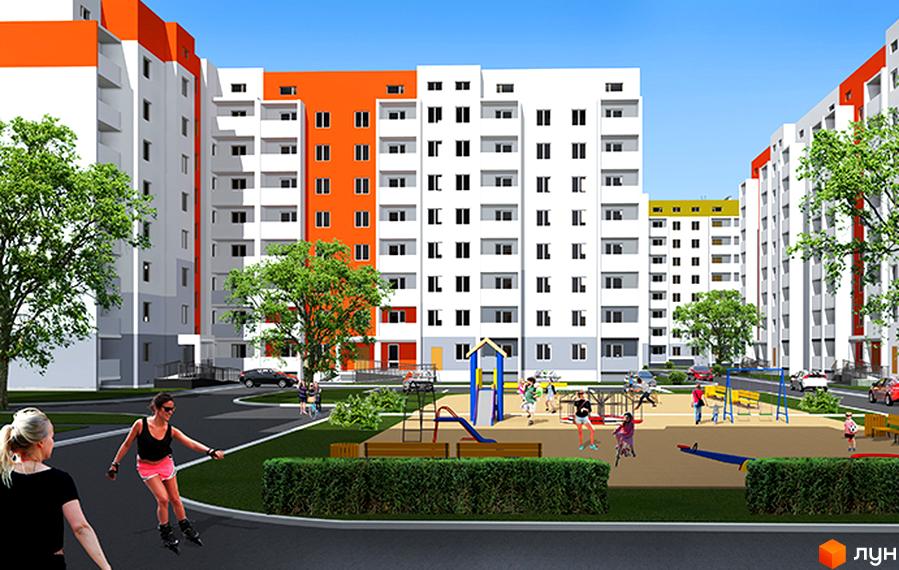 Житловий комплекс Ньютона: багатоповерхові будинки білого та помаранчевого кольорів з балконами. На прибудинковій території дитячий майданчик та зелені насадження.