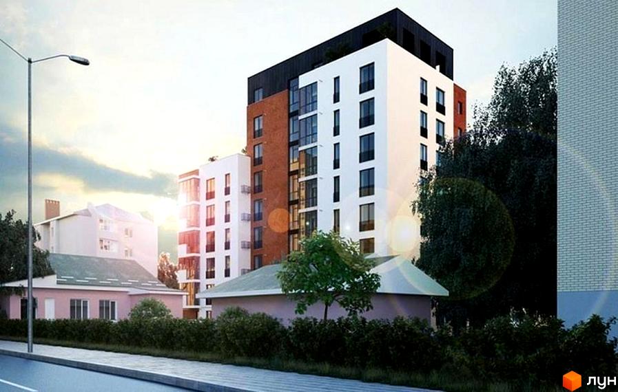 Новобудова ЖК Kuba з білими та цегляними фасадами, скляними балконами та зеленими деревами навколо. Сучасний житловий комплекс у місті.