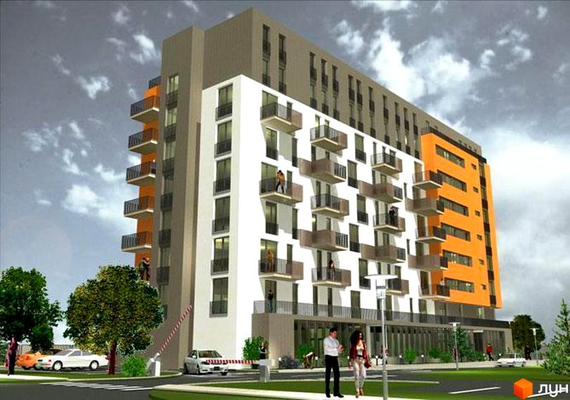 Житловий комплекс на вул. Ромашкова, 10а з білим та помаранчевим фасадом, балконами. Навколо будинку зелені дерева, автомобілі та пішоходи.