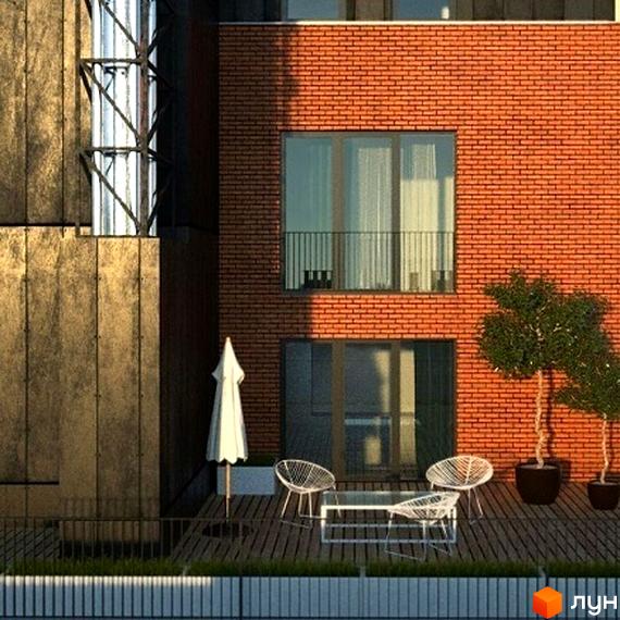 Новобудова ЖК Kuba з червоної цегли з великими вікнами та балконом. Прибудинкова територія з парасолькою, білими кріслами та столиком.