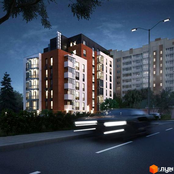 Житловий комплекс Kuba: сучасна архітектура з цегляними та білими фасадами, великими вікнами, що виходять на дорогу з автомобілем, що рухається вночі. Поруч розташовані дерева та вуличне освітлення.