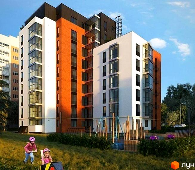 Житловий комплекс Kuba - це сучасна новобудова з цегляними та білими фасадами, великими вікнами та балконами. Територія навколо будинку облаштована дитячим майданчиком та зеленими насадженнями.