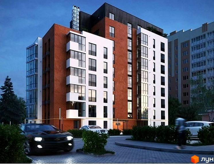 Новобудова ЖК Kuba з цегляним та білим фасадом, великими вікнами та скляними балконами. Прибудинкова територія з автомобілями та кущами.