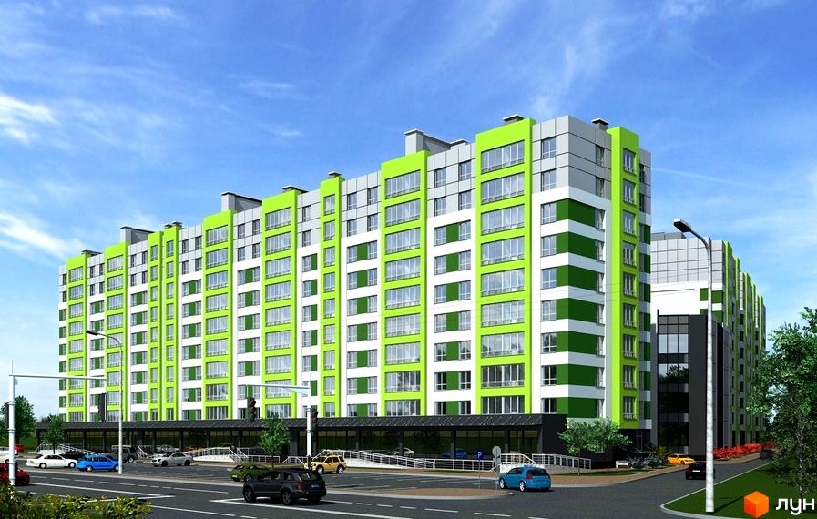 Зовнішній вигляд новобудови ЖК AGAM з яскраво-зеленими та білими фасадами. Прибудинкова територія з дорогою та автомобілями.