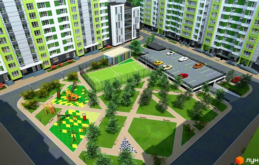 Житловий комплекс AGAM з яскравим фасадом та зеленою прибудинковою територією. На території розташовані дитячий майданчик, футбольне поле та паркінг.