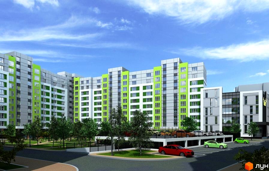 Житловий комплекс AGAM з яскравими зеленими фасадами та великою кількістю вікон. Територія комплексу озеленена деревами, є паркінг з автомобілями.