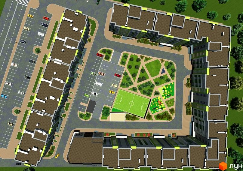 Аерофотозйомка житлового комплексу AGAM з багаторівневими будинками, внутрішнім двориком з дитячим майданчиком та спортивними зонами, а також парковкою.