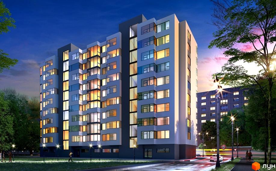 Житловий комплекс White House з великою кількістю вікон, освітлених зсередини. Навколо будинку зелені дерева та вуличне освітлення.