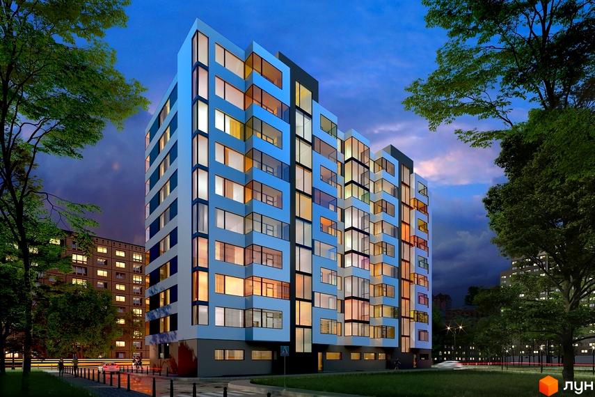 Сучасний житловий комплекс White House з панорамними вікнами та незвичайною архітектурою. Навколо будинку зелена зона та освітлена вулиця з деревами.