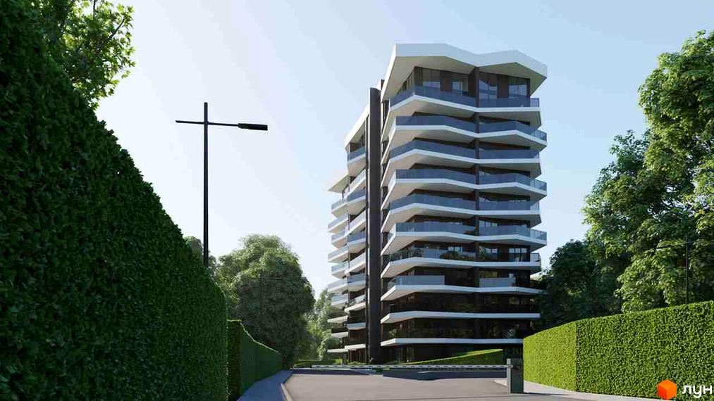 Житловий комплекс Avalon Lux – сучасна архітектура з виступаючими балконами та панорамними вікнами, оточений зеленню та доглянутою територією.