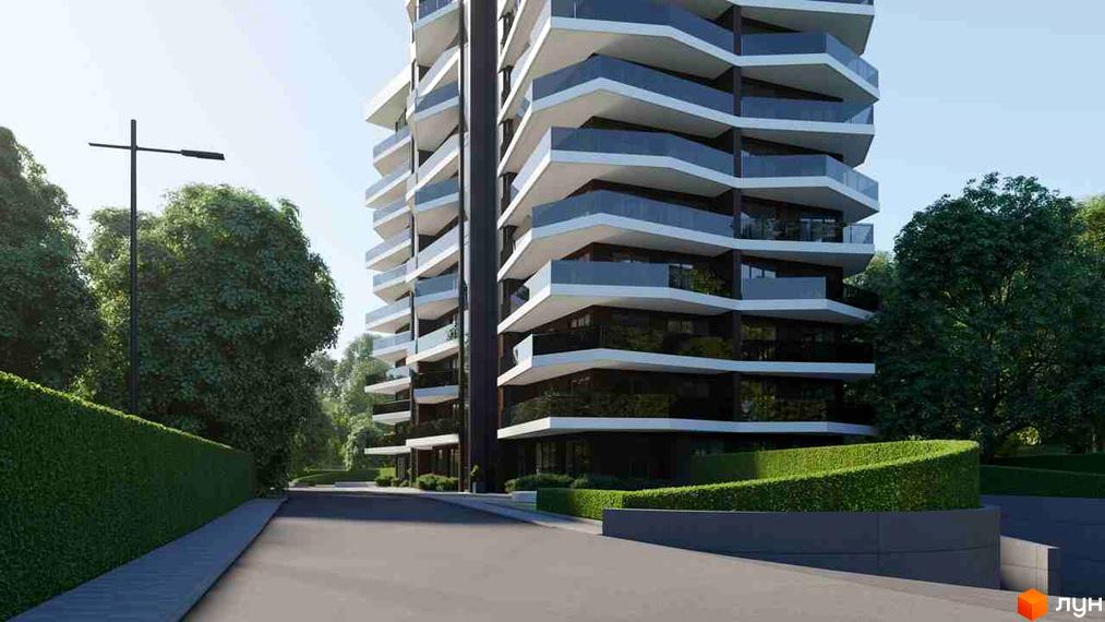 Житловий комплекс Avalon Lux з багатоповерховою будівлею та терасами, оточений зеленню та доглянутою прибудинковою територією.