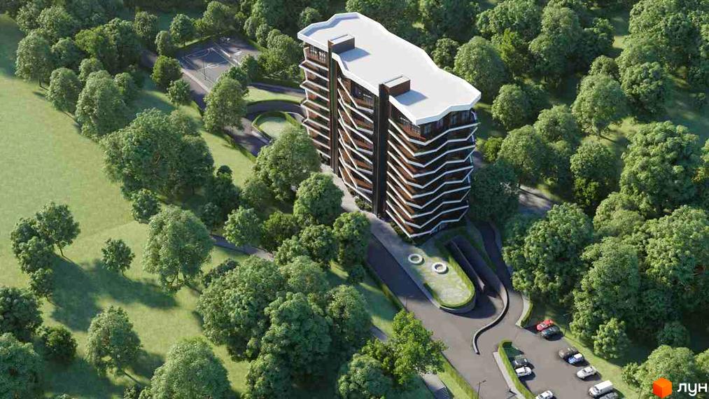 Житловий комплекс Avalon Lux з унікальним фасадом та балконами у вигляді зигзагів, оточений зеленою зоною з деревами та баскетбольним майданчиком.