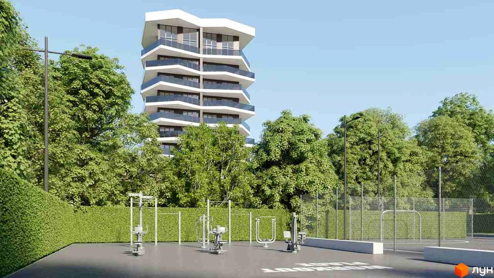 Житловий комплекс Avalon Lux з незвичайною архітектурою та балконами. Поруч розташований спортивний майданчик з тренажерами та зелена зона.