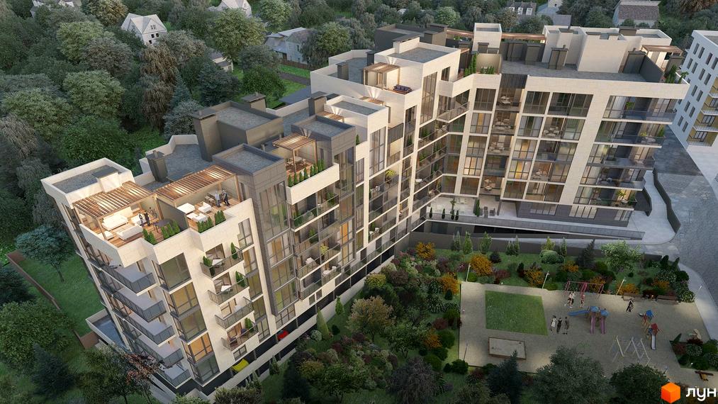 Новобудова RichHouse з панорамними вікнами та терасами, оточена зеленим ландшафтом з дитячим майданчиком.