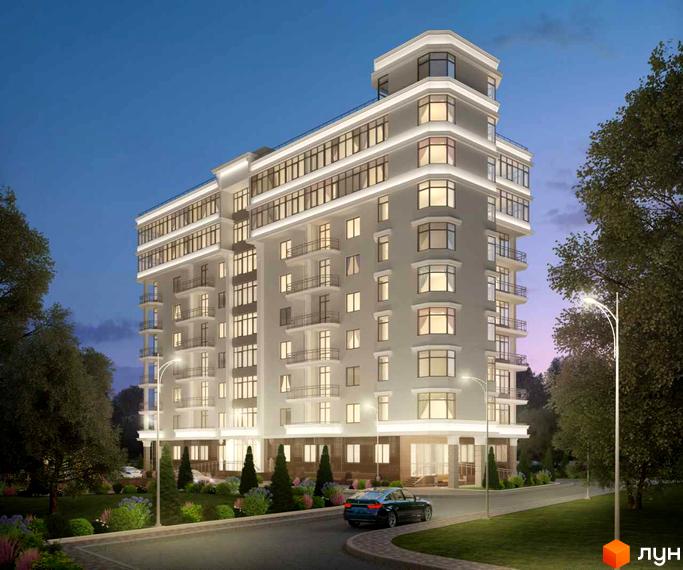 Житловий комплекс Монблан – світла багатоповерхівка з вікнами та балконами, має заокруглені верхні поверхи. Територія освітлена ліхтарем, видно дерева та авто.