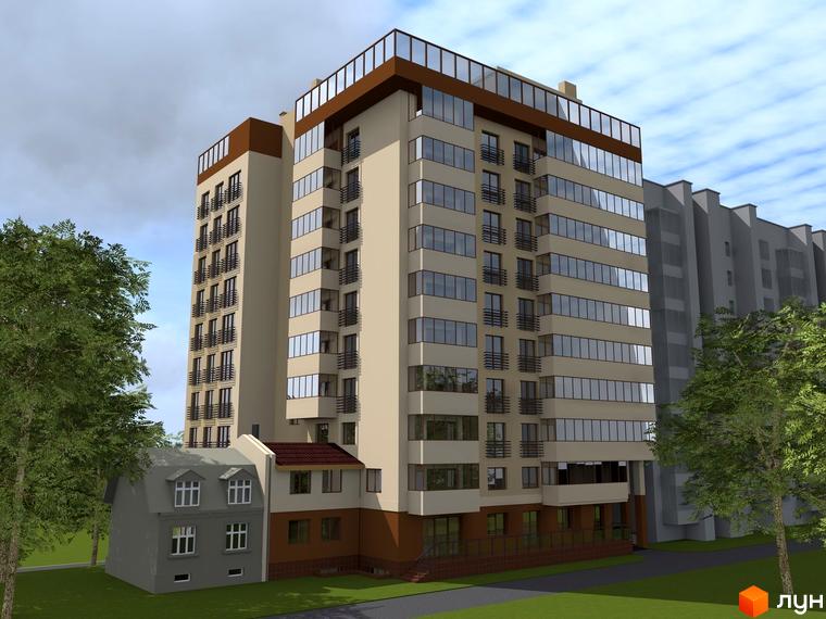 Житловий комплекс Panorama: багатоповерховий будинок світло-бежевого кольору з коричневими акцентами та великими вікнами. Навколо зелені насадження та доріжки.