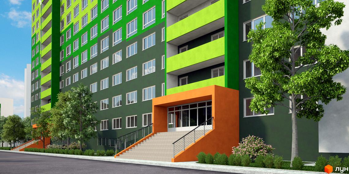 Житловий комплекс ЖМ Острови з яскравими фасадами та входом. Прибудинкова територія з зеленими насадженнями та тротуарами.
