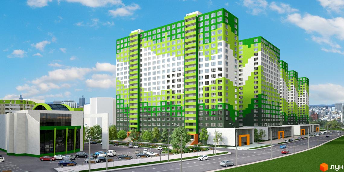 Житловий комплекс ЖМ Острови з яскравим фасадом, оточений зеленою територією та паркувальними місцями.