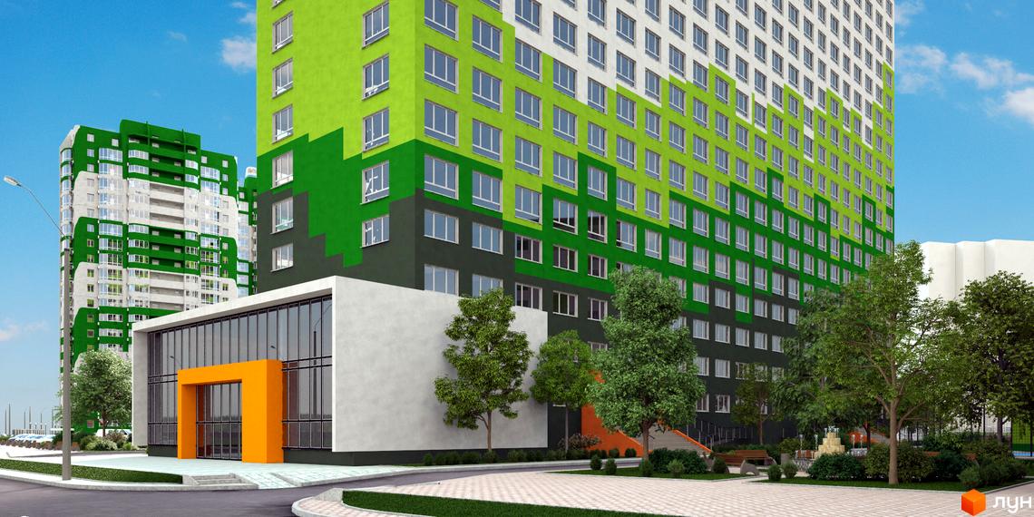 Житловий комплекс ЖМ Острови з яскравою фасадною обробкою та прибудинковою територією, озелененою деревами та квітами.