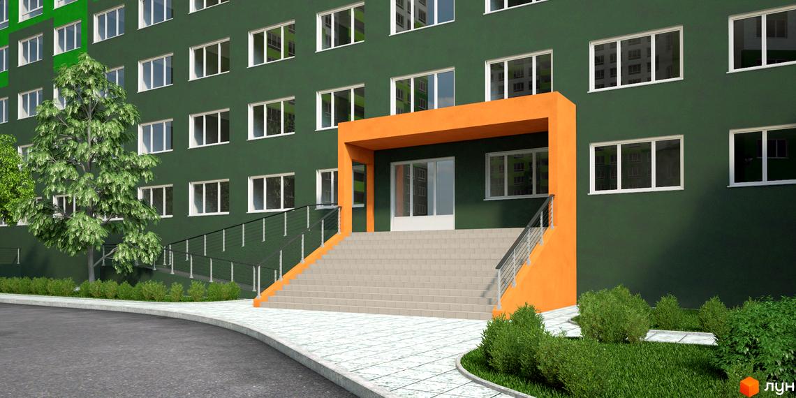 Житловий комплекс ЖМ Острови з яскравим входом та зеленими фасадами. Прибудинкова територія озеленена кущами та деревами.