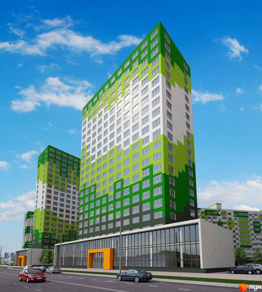 Житловий комплекс ЖМ Острови з яскравим фасадом та прибудинковою територією, що включає зелені насадження.